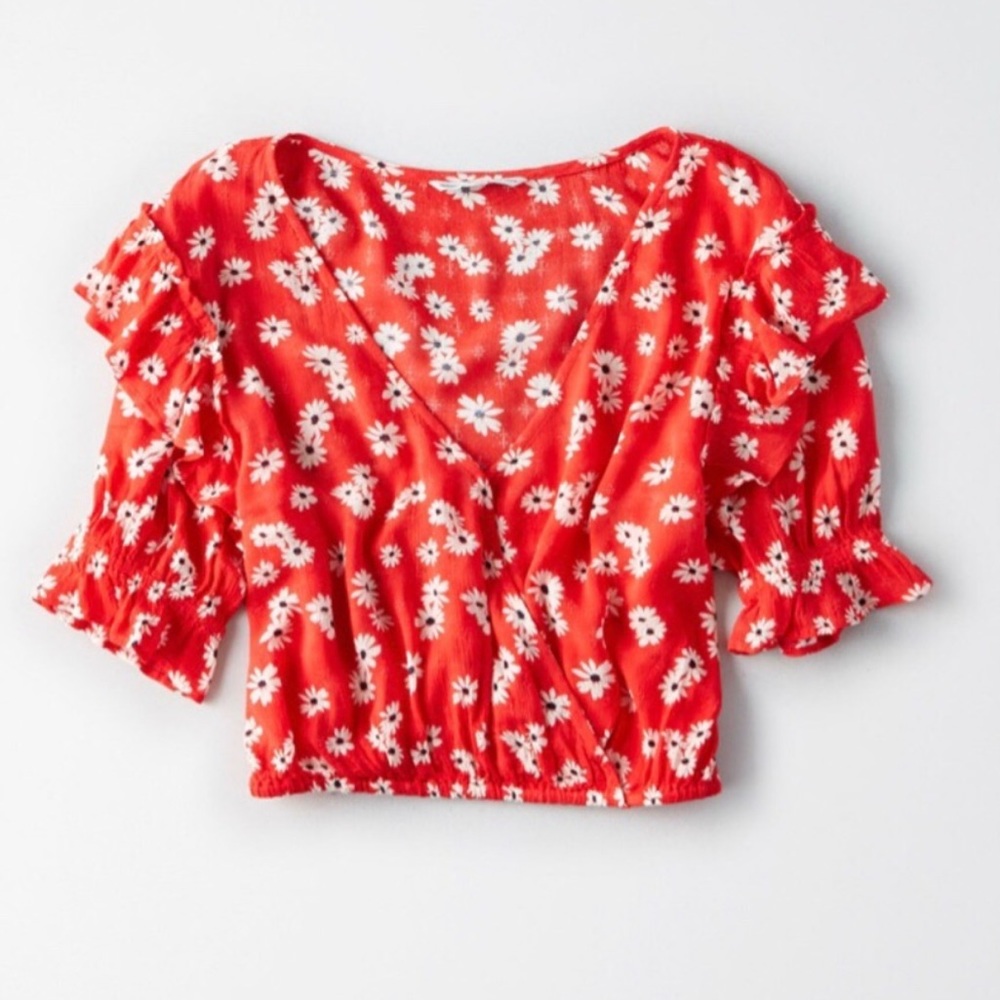 AE puff sleeve floral red crop top size XS
